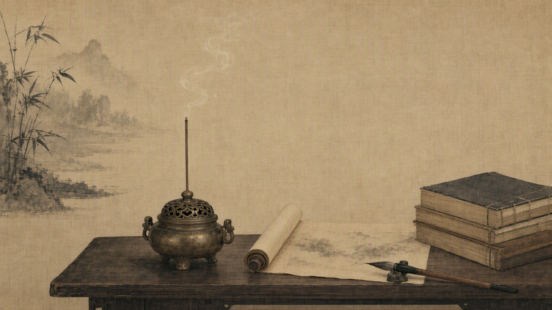 Classical ink-painting style scholar's study with incense burner