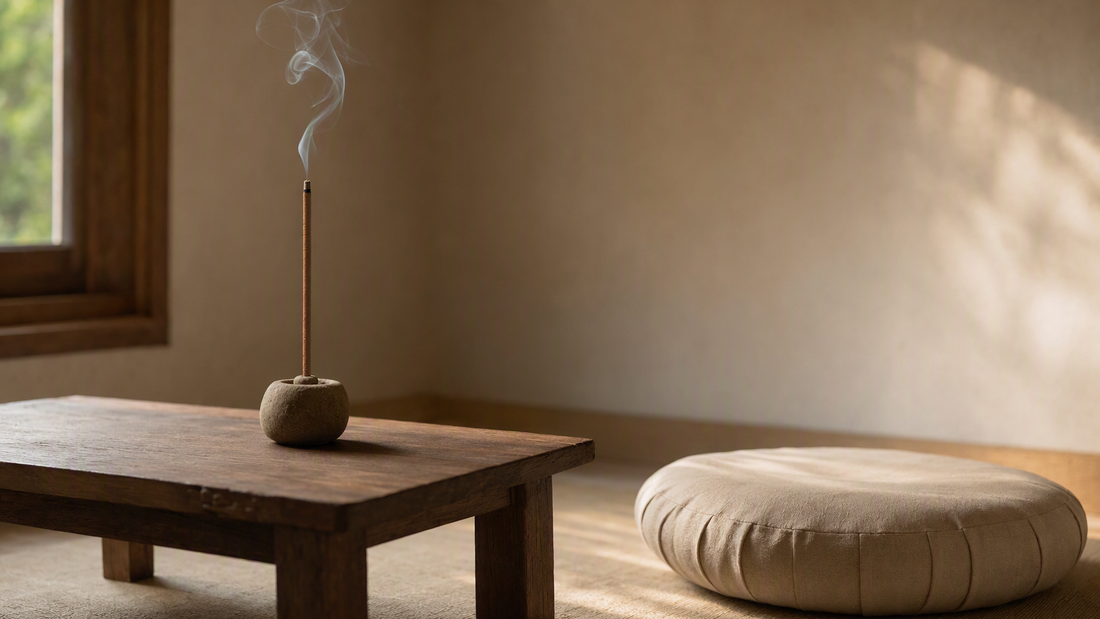 Incense burning beside a meditation cushion in a calm room