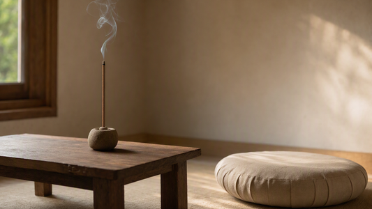 Incense burning beside a meditation cushion in a calm room