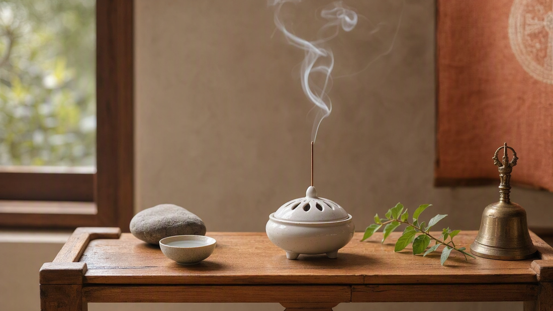 INCENZO incense burning in a home meditation shrine still life