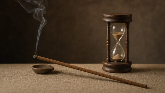 Incense stick beside an antique hourglass symbolizing time