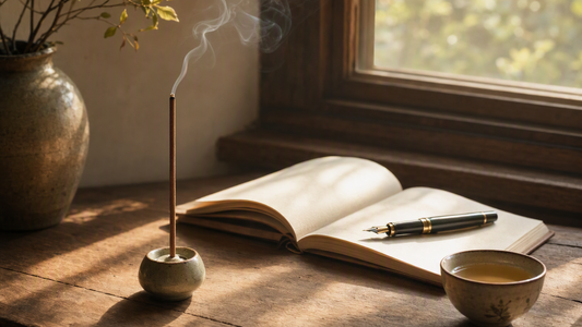 Incense and journal on a desk for gratitude journaling ritual