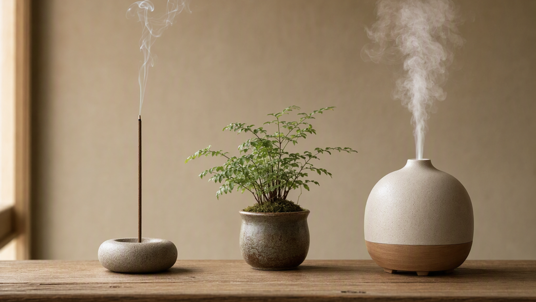 Incense stick and diffuser side by side comparison still life