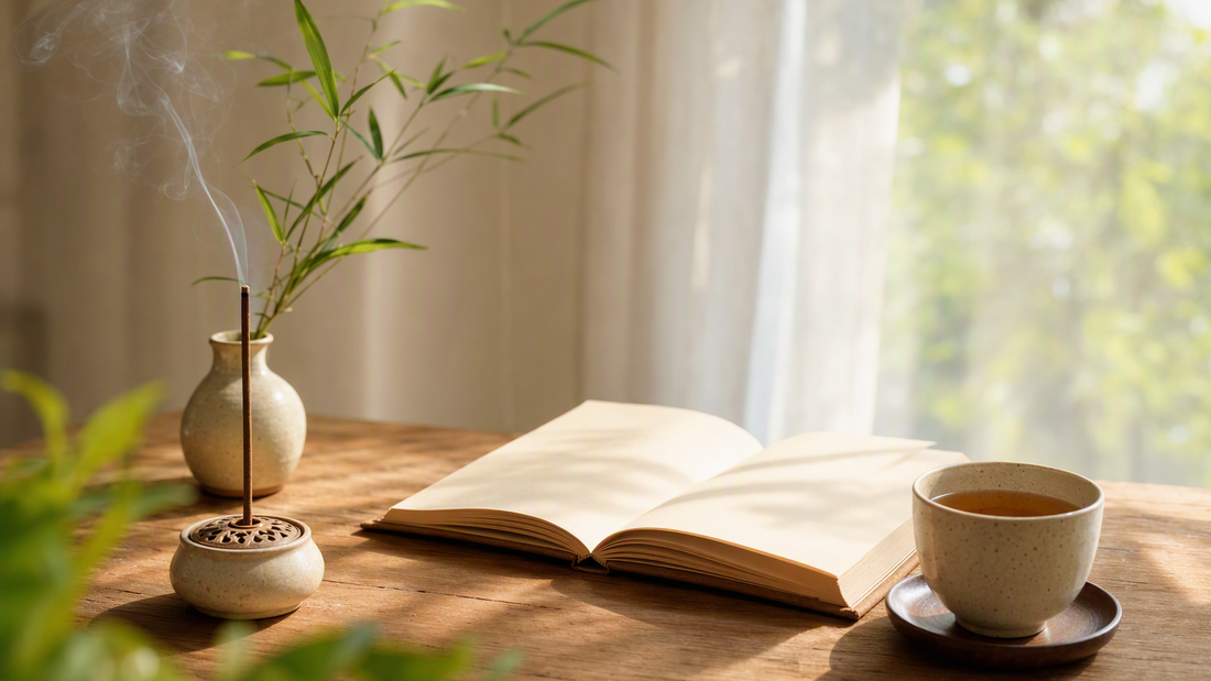 Incense and tea beside a journal in morning sunlight
