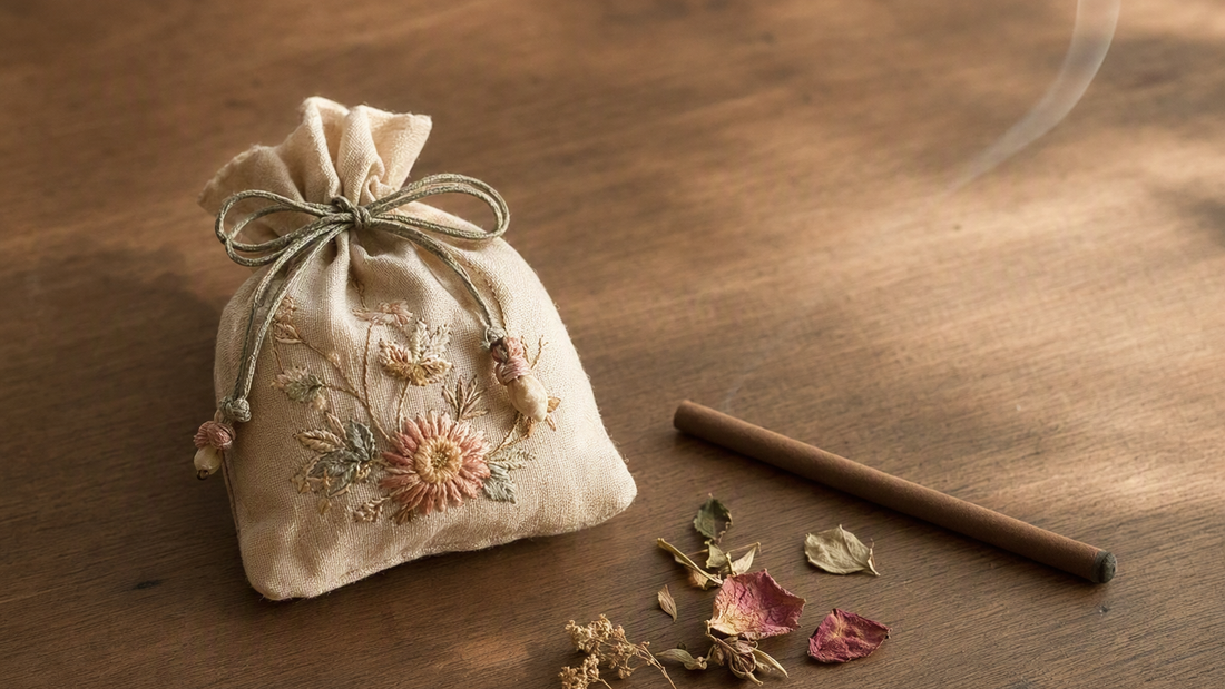 Embroidered scented sachet pouch beside an incense stick