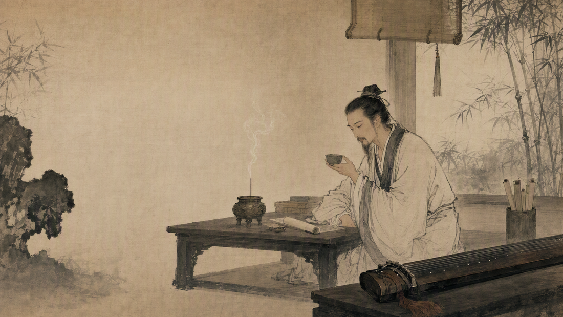 Classical ink-painting style literati study with incense burner
