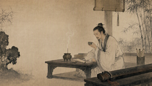 Classical ink-painting style literati study with incense burner