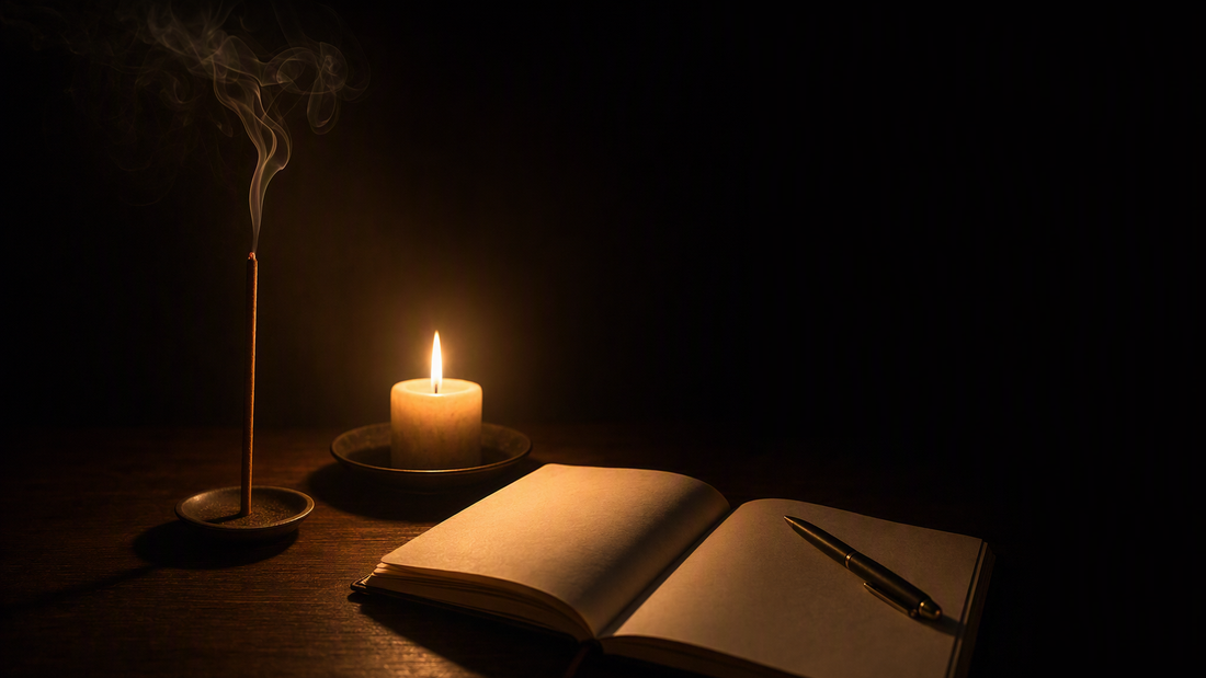 Incense and candle beside a journal for night journaling
