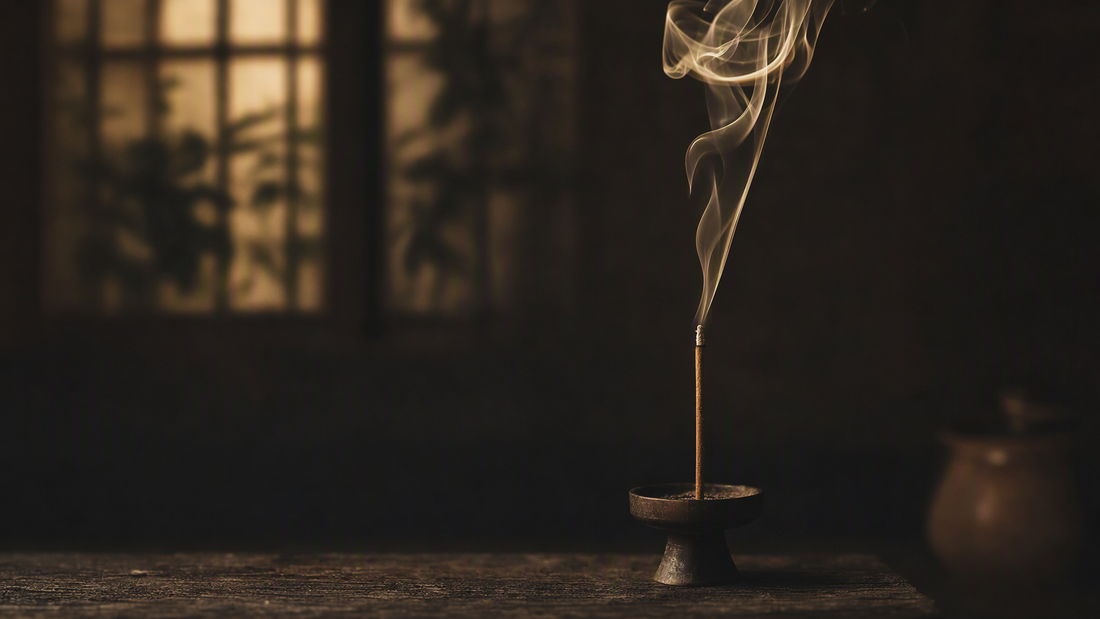 Incense smoke rising slowly in a quiet dim room