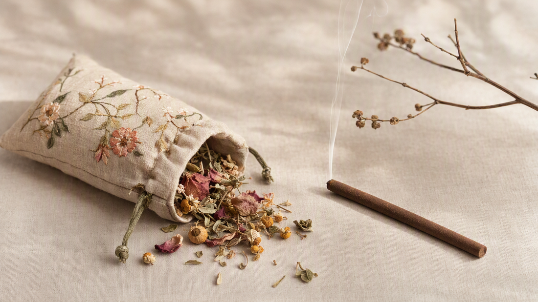 Scented sachet with dried flowers beside an incense stick
