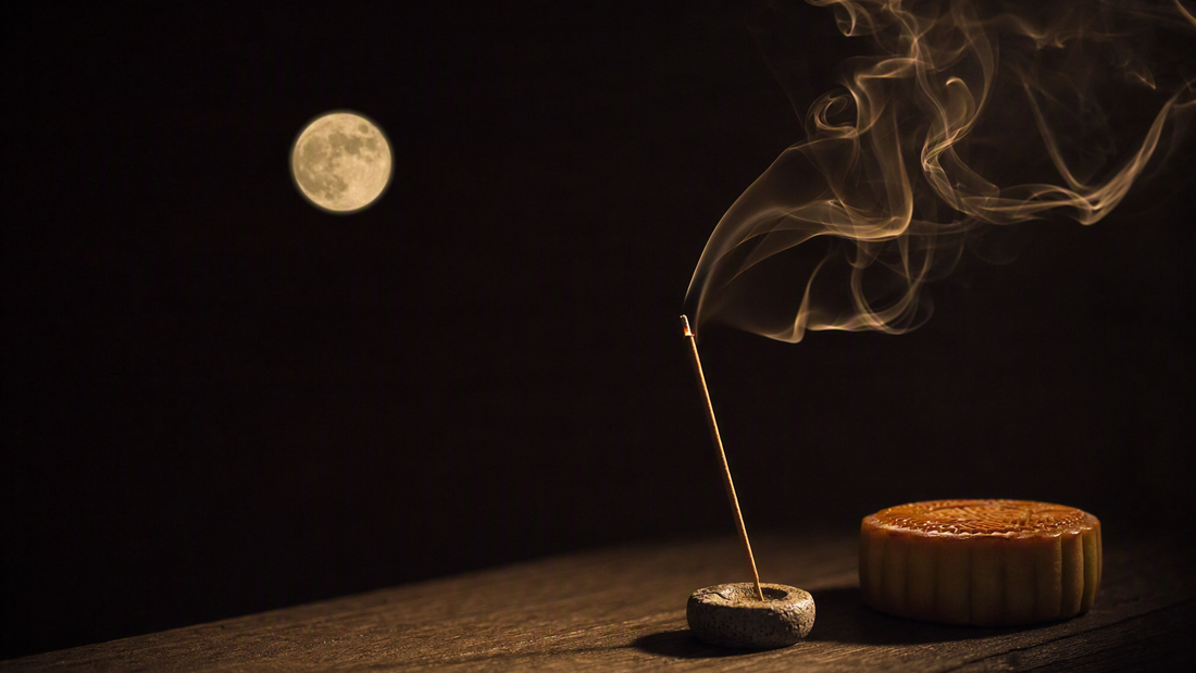 Incense burning at night under the full moon for Mid-Autumn Festival
