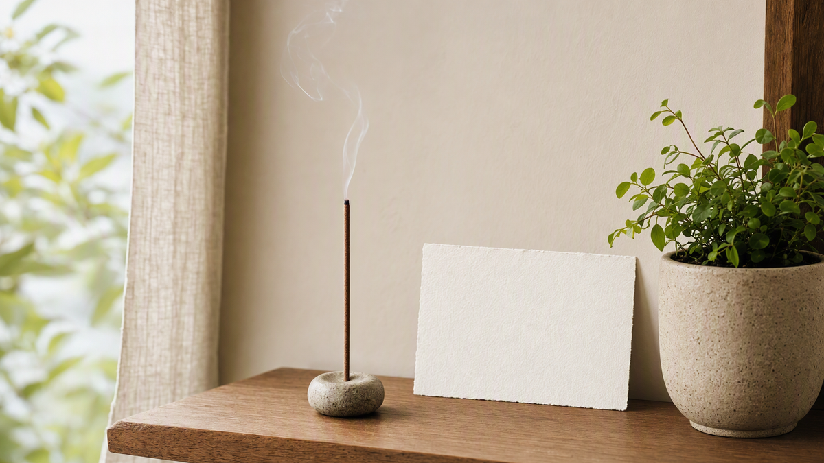 Incense burning beside a note card in a cozy home corner