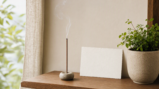 Incense burning beside a note card in a cozy home corner