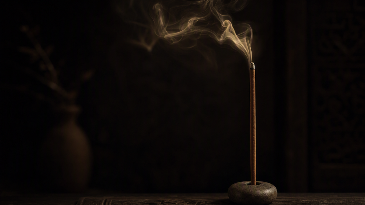 Incense stick burning down slowly in a moody dark setting
