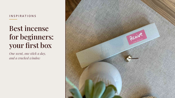 INCENZO blog header — Best incense for beginners — Revive pear blossom box on linen with a white ceramic and a succulent