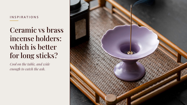INCENZO blog header — Ceramic vs brass incense holders — lavender Ripple footed dish with a lit stick on a rattan tray