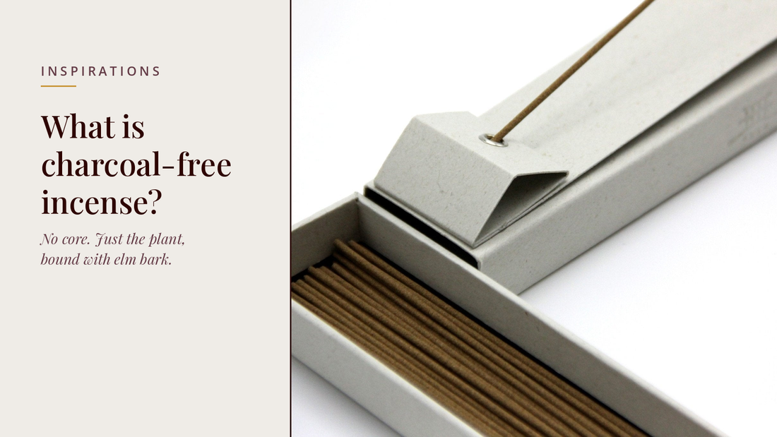 INCENZO blog header — What is charcoal-free incense — open box of solid plant incense sticks with a paper holder on white