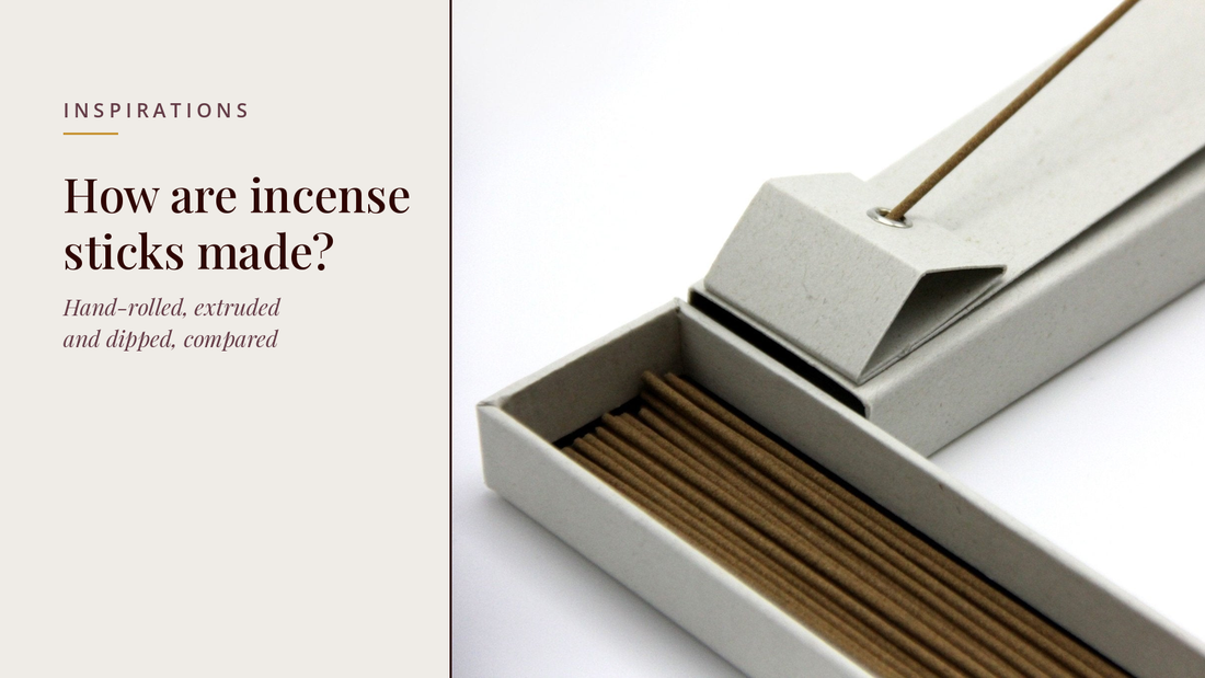 INCENZO blog header — How are incense sticks made — open box of hand-rolled sticks with its paper holder on a white table