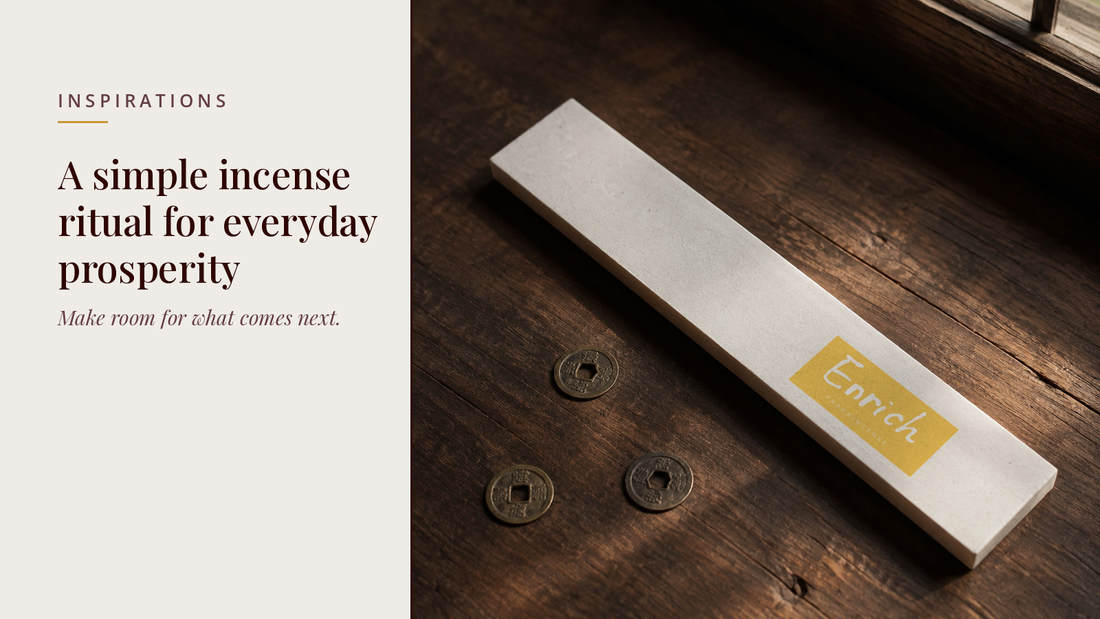 INCENZO blog header — A simple incense ritual for everyday prosperity — Enrich frankincense box beside three old copper coins on a wooden table
