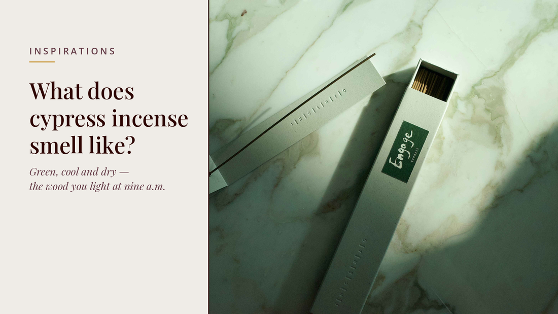 INCENZO blog header — What does cypress incense smell like — Engage cypress box on green-veined marble in window light