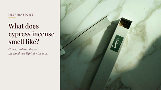 INCENZO blog header — What does cypress incense smell like — Engage cypress box on green-veined marble in window light