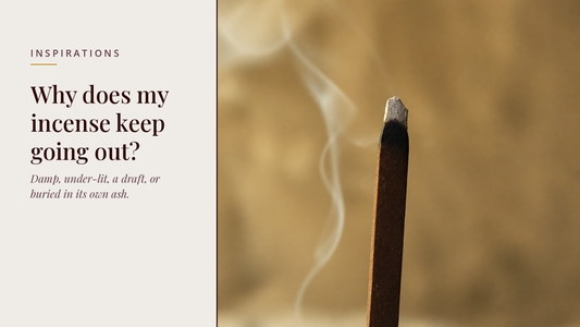 INCENZO blog header — Why does my incense keep going out — lit incense tip with a thread of smoke in warm light