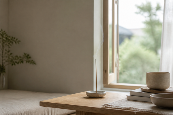 A single natural incense stick burning in a ceramic holder beside an open window, thin smoke rising in morning light