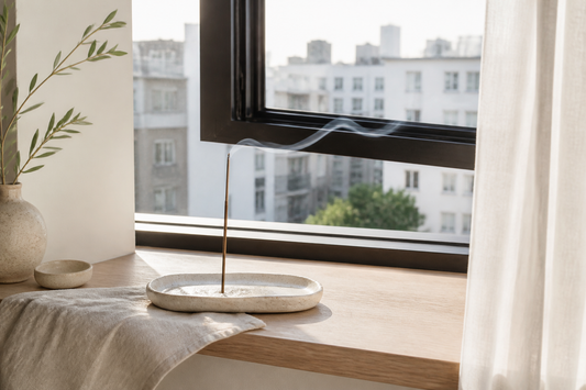 A natural incense stick burning in a stoneware tray on a windowsill of a small apartment, window cracked open, thin smoke drifting out