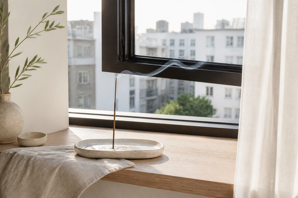 A natural incense stick burning in a stoneware tray on a windowsill of a small apartment, window cracked open, thin smoke drifting out