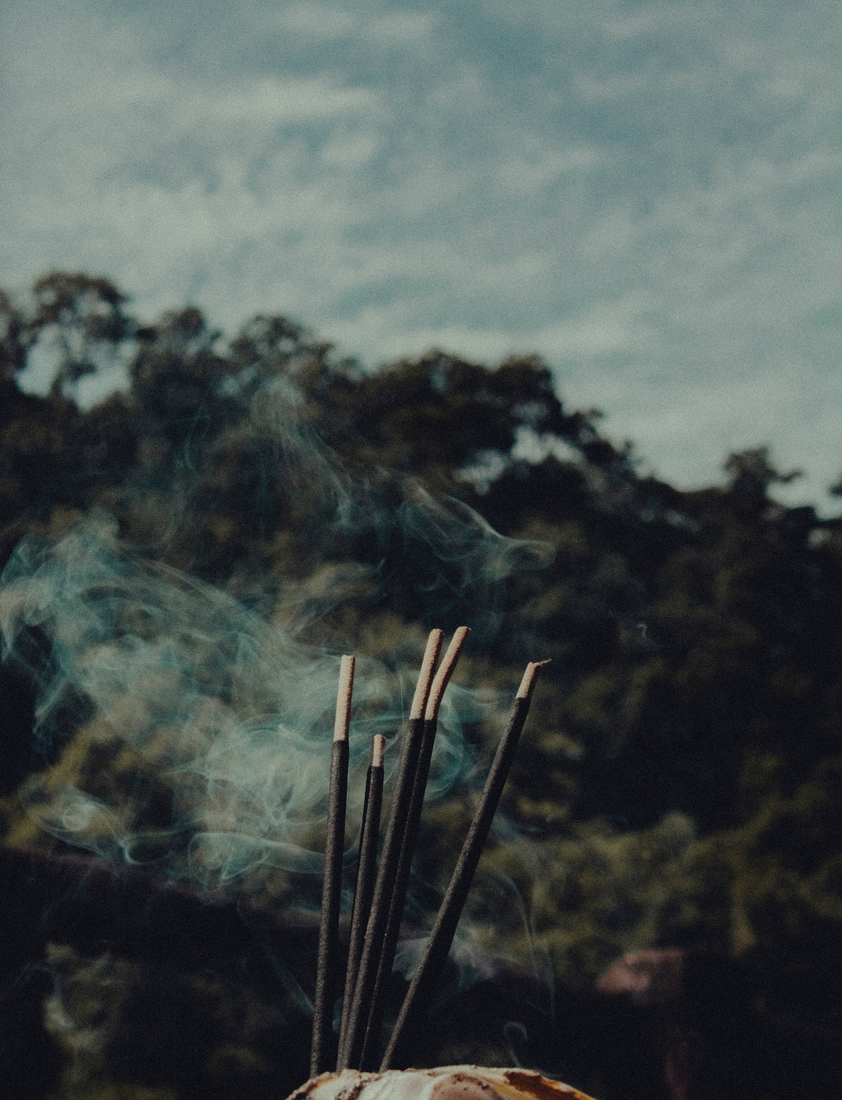 Incense sticks burning against a misty mountain landscape