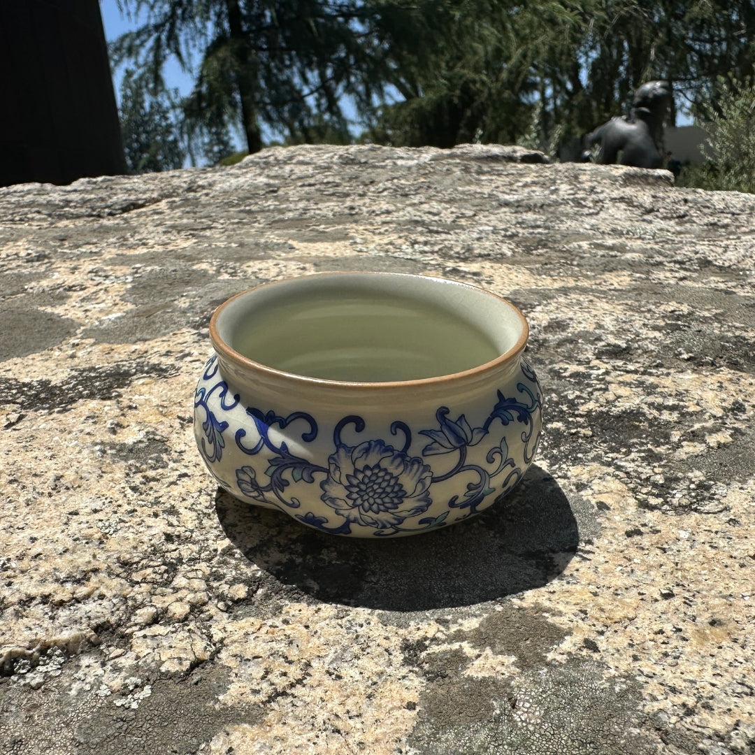 Ru Ware Lotus Incense Burner - Blue-and-White Vine outdoor stone surface detail