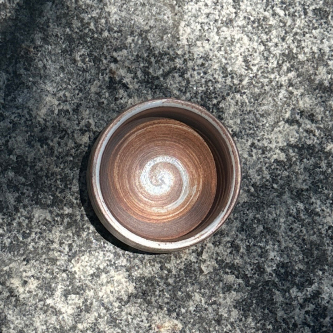 Coarse Stoneware Incense Ash Tray top view showing spiral antique glaze interior