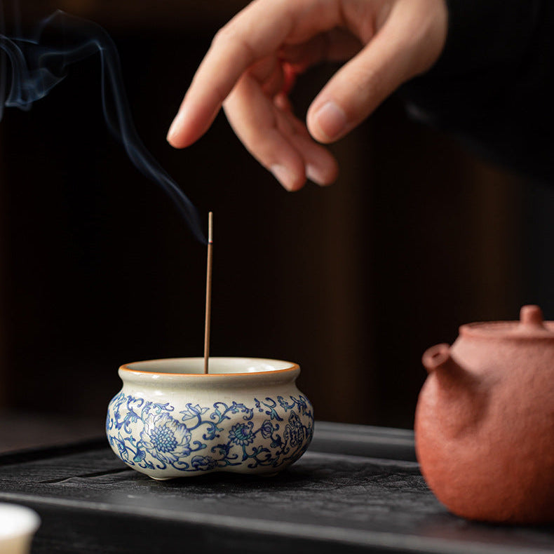 Ru Ware Lotus Incense Burner - Blue-and-White Vine incense ritual lifestyle image