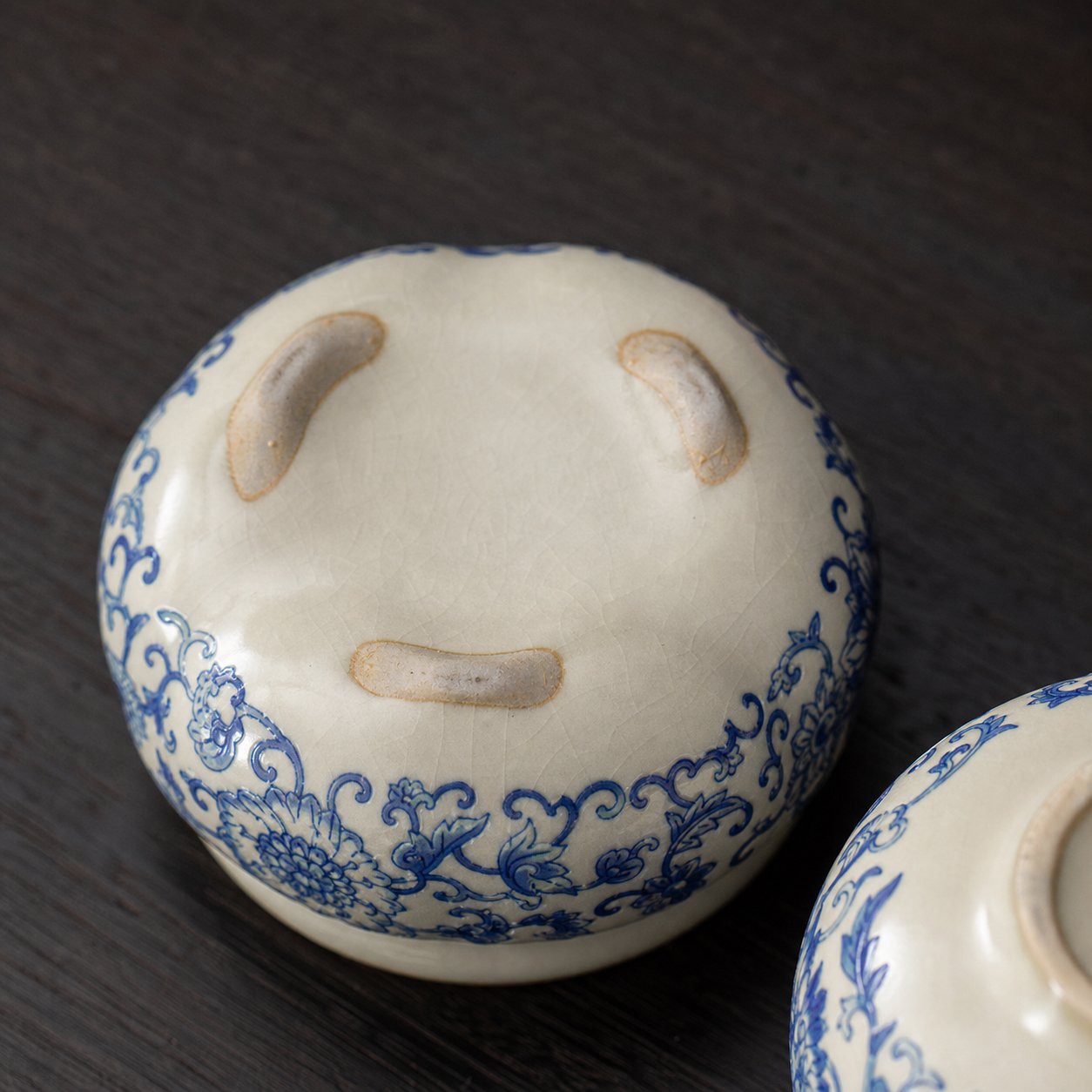 Ru Ware Lotus Incense Burner - Blue-and-White Vine bottom detail