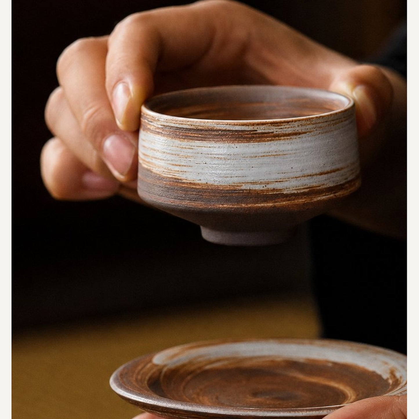 Coarse Stoneware Incense Ash Tray hand-held side detail showing scale and layered glaze