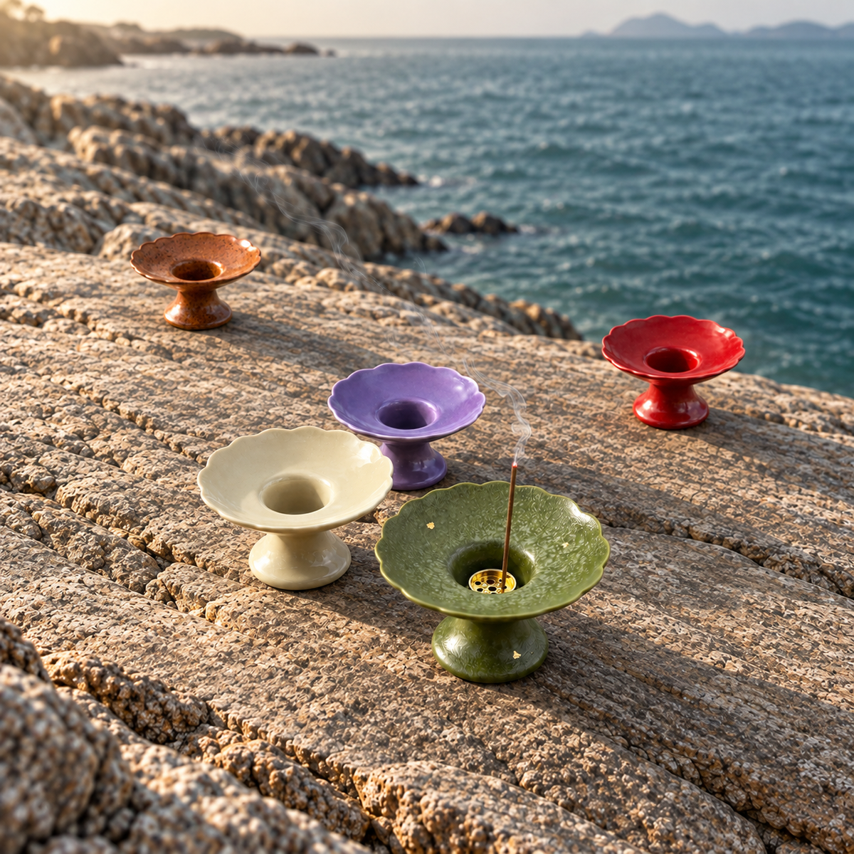 Five INCENZO Ripple ceramic incense holders on coastal rocks, with a lit incense stick in the olive-green dish.