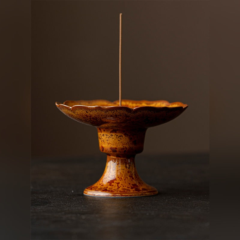 Ripple Footed Incense Dish — Iron-Flower Kiln glaze, front view with incense stick