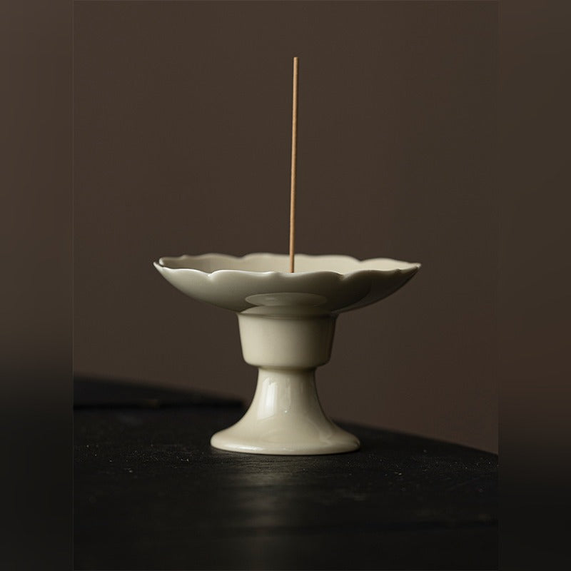 Ripple Footed Incense Dish — Plant-Ash glaze, front view with incense stick