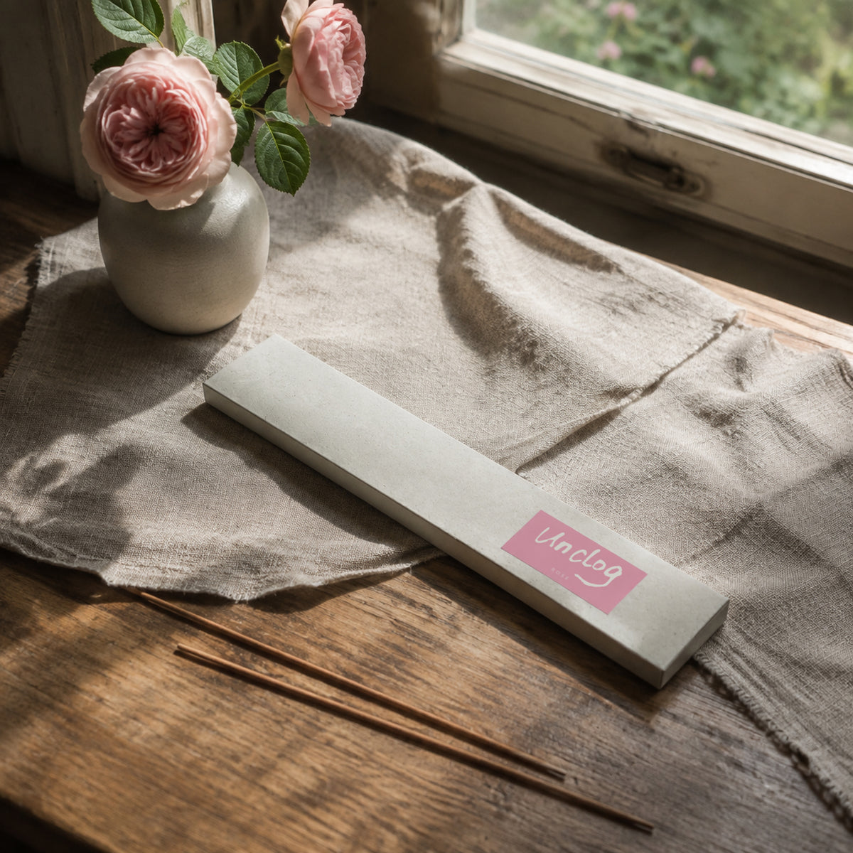 Unclog Rose Incense box and incense sticks on linen by a window
