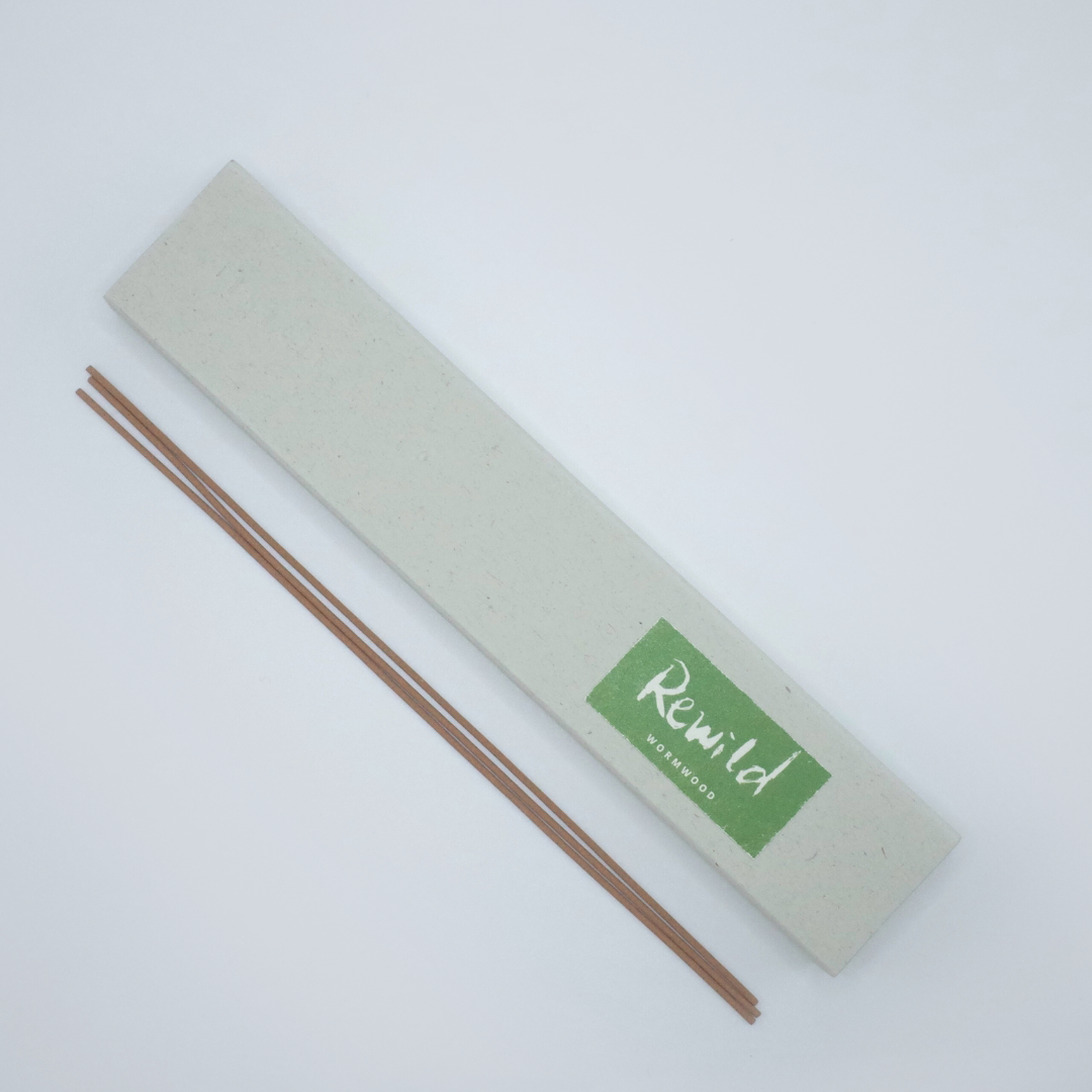 Rewild Wormwood incense box with two natural incense sticks